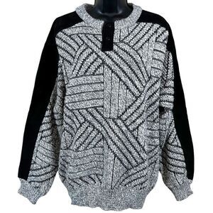 Vintage Juice Leather & Acrylic Knit Geometric Print Grandpa Sweater
